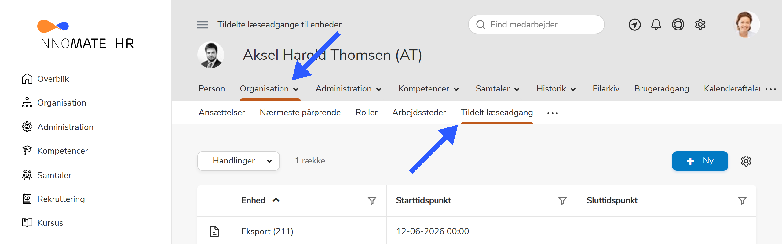 Organisation-tab på en person med Tildelt læseadgang