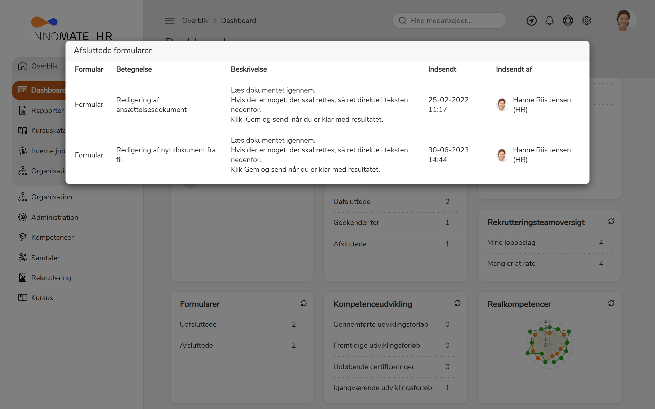 Liste over formularer efter valg af sammentælling