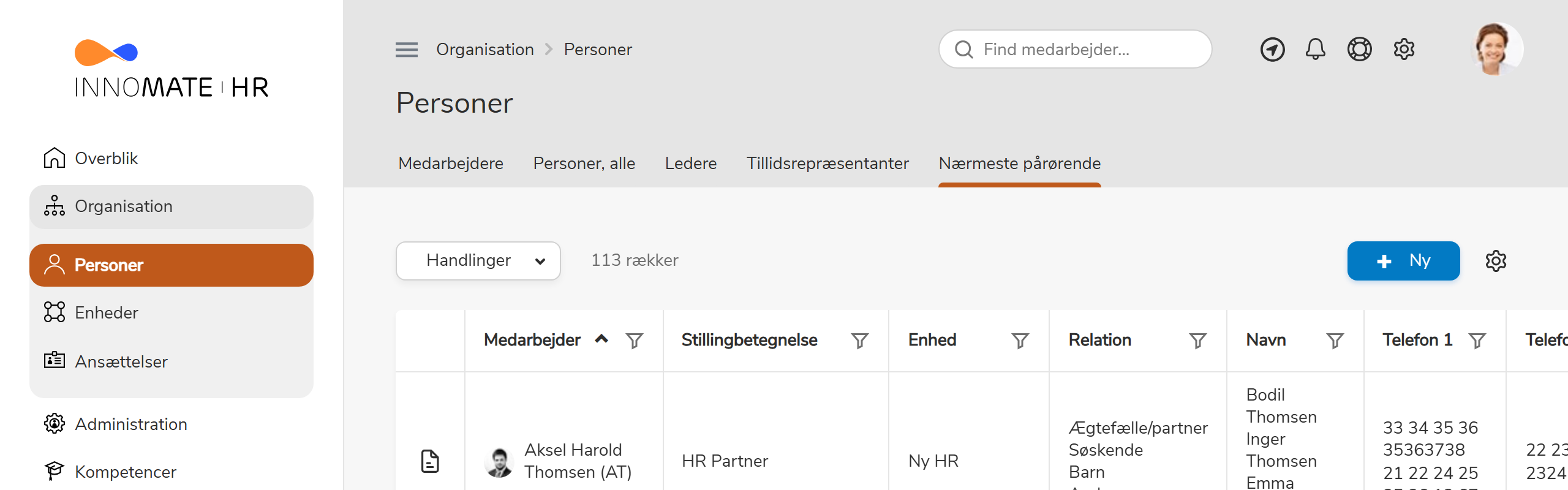 Samlet liste over nærmeste pårørende for alle medarbejdere