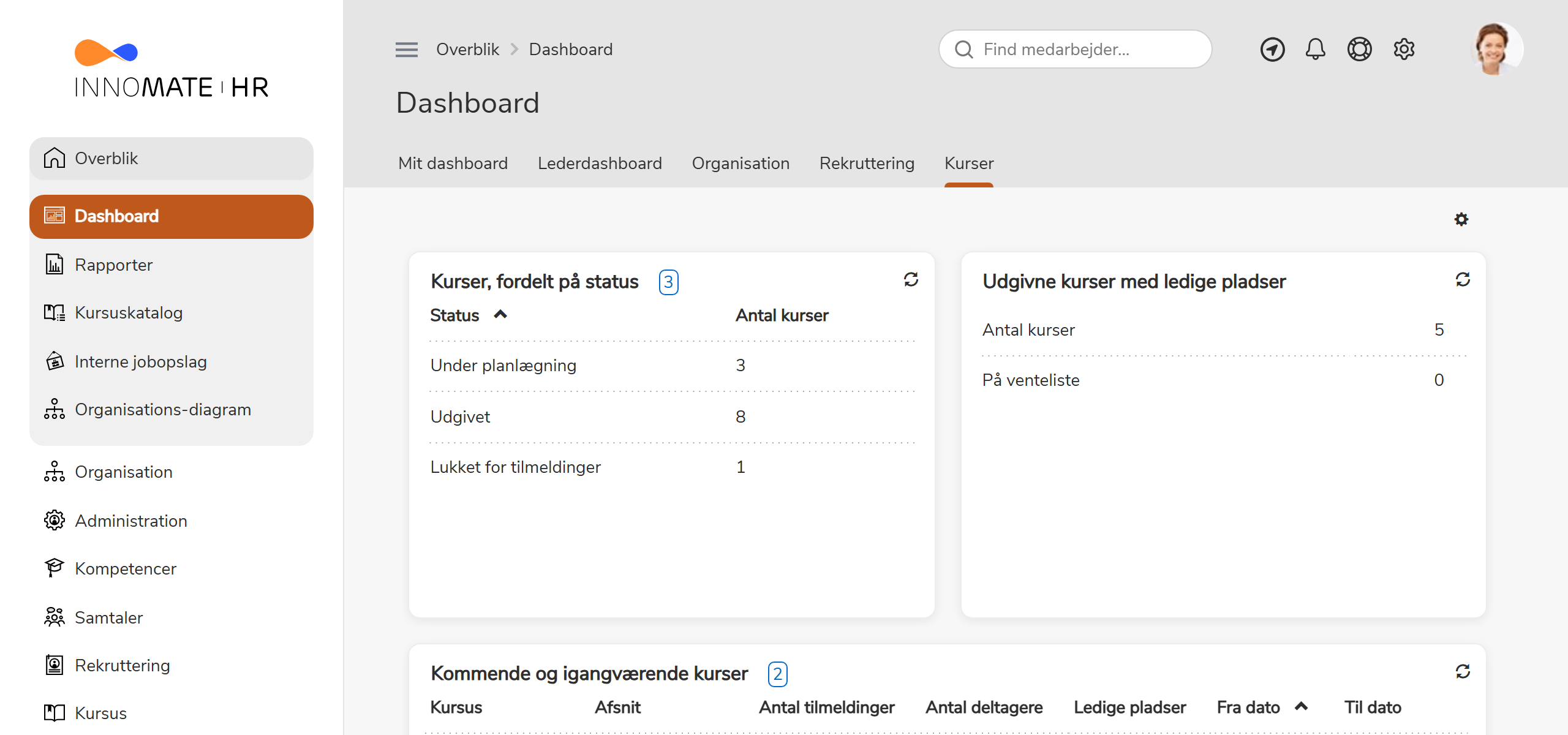 Kursus-dashboard med statusoversigt og kommende kurser