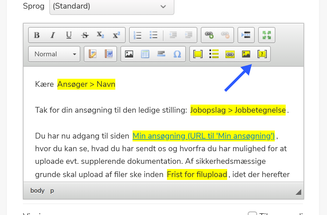 HTML-skabelon-editor med pil der peger på Hvis-sektion-knappen i værktøjslinjen