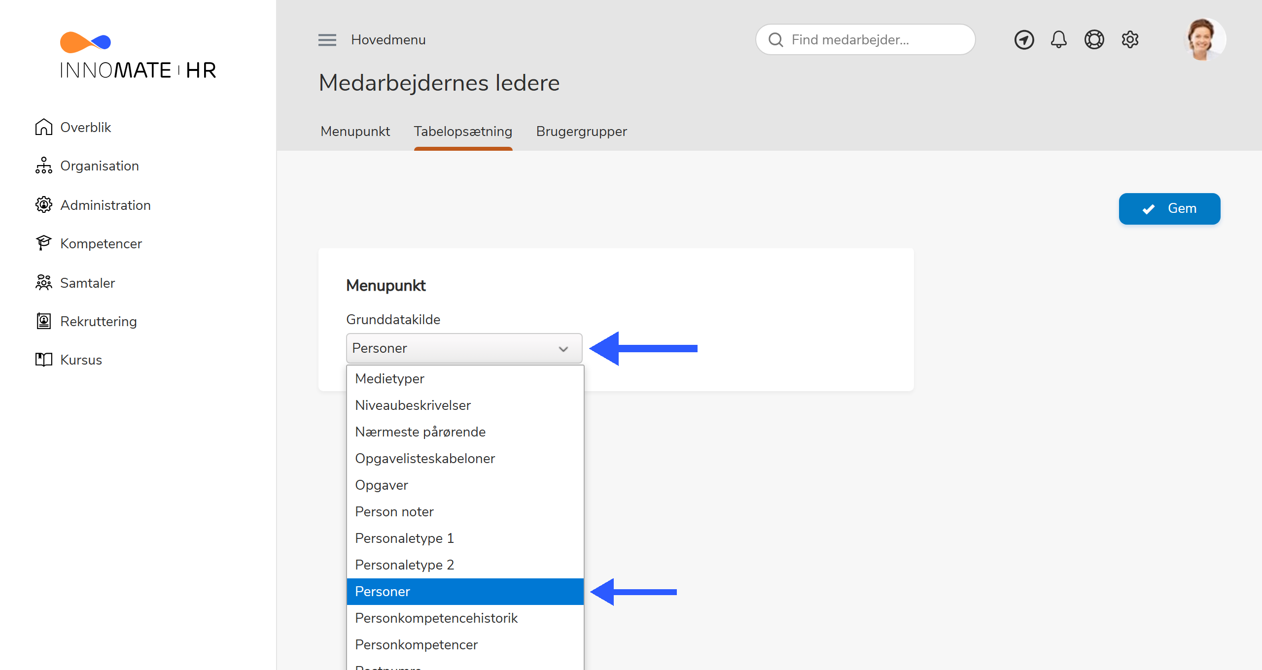 Tabelopsætning — dropdown for Grunddatakilde åbnet med Personer fremhævet