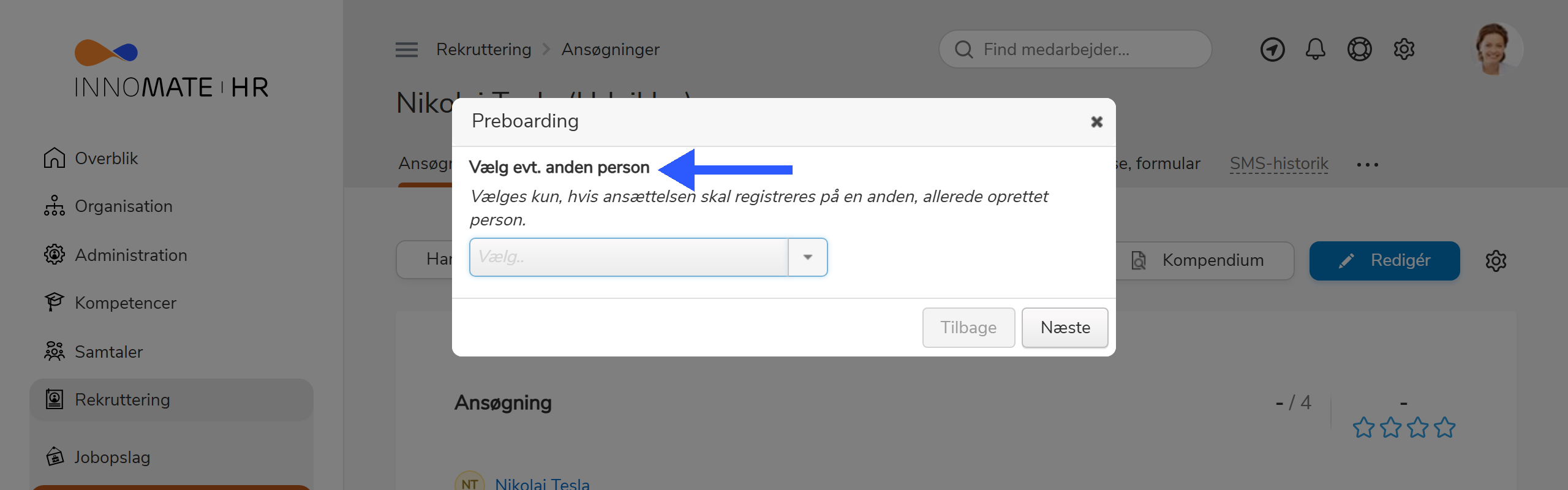 Valg af anden person i Preboarding-handlingen
