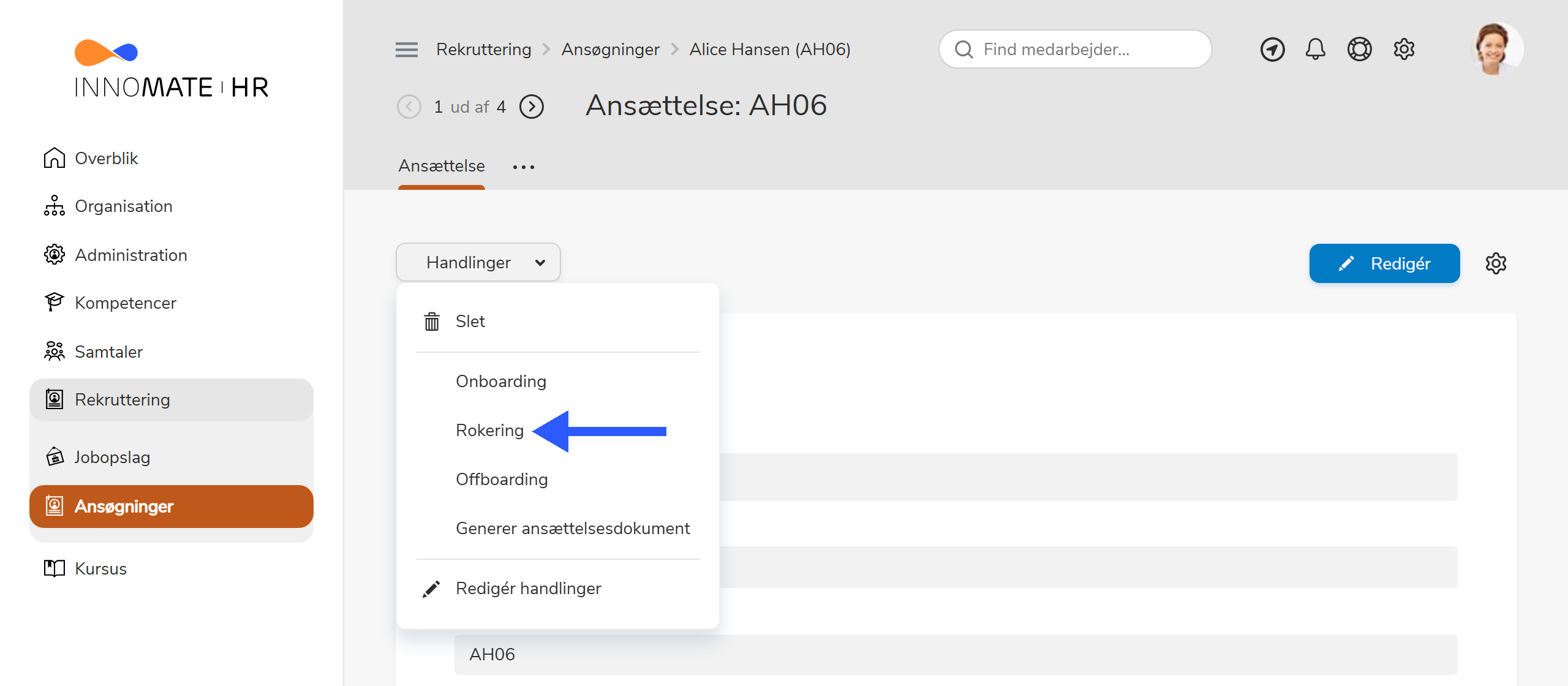 Handlingen Rokering fra en ansættelse