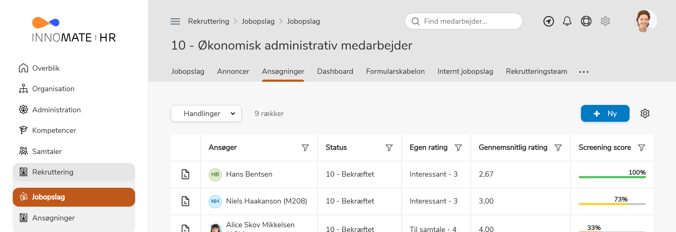 Ansøgningsliste med statuskolonner