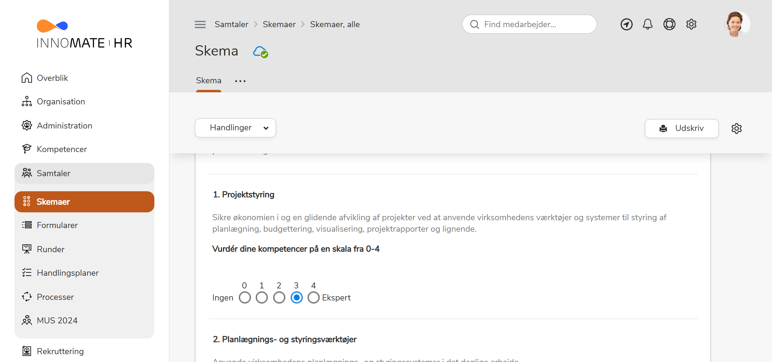 Selvevalueringsskema med kompetencevurdering på skala 0–4