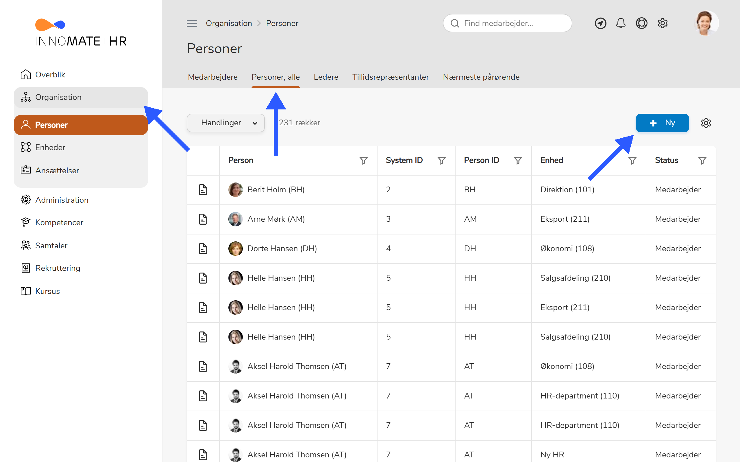 Personlisten med pile, der peger på Organisation-menupunktet i sidemenuen og +Ny-knappen