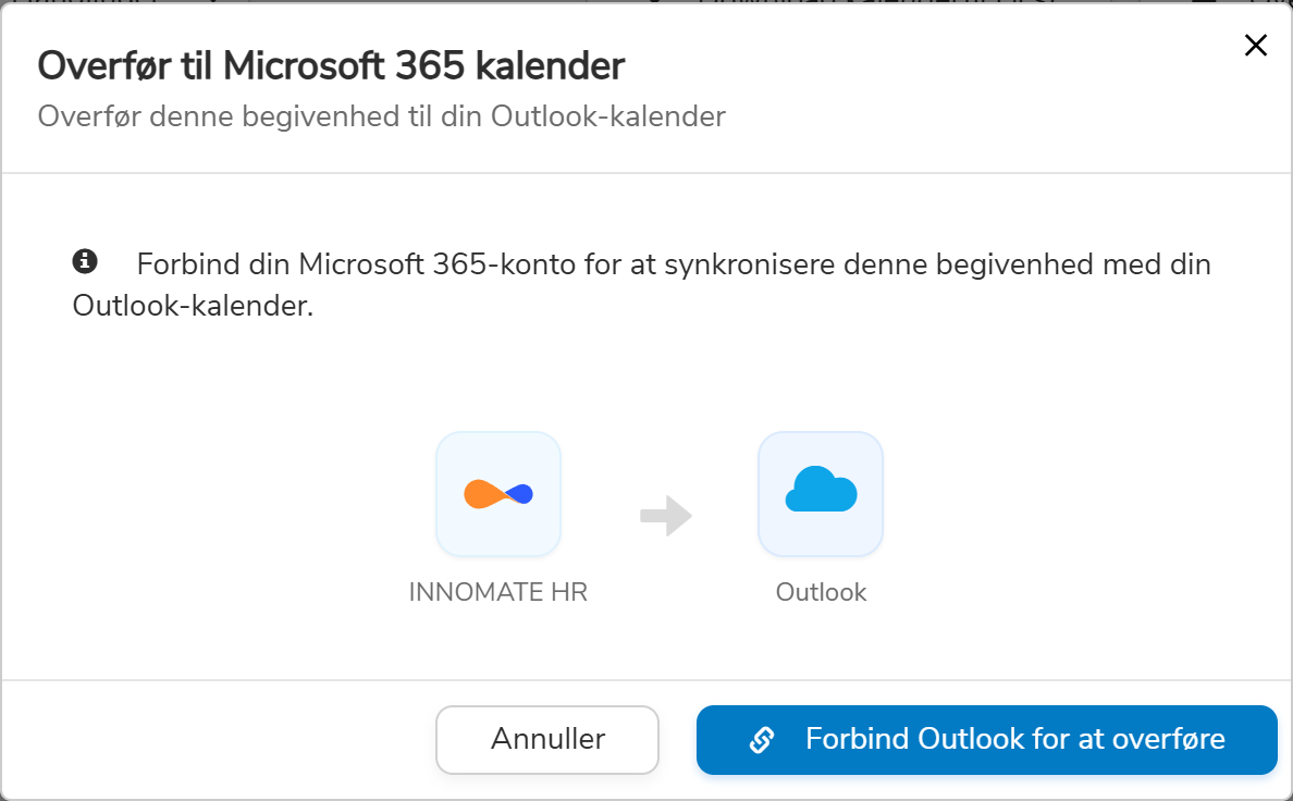 Overførselsdialog med knap til at forbinde Outlook